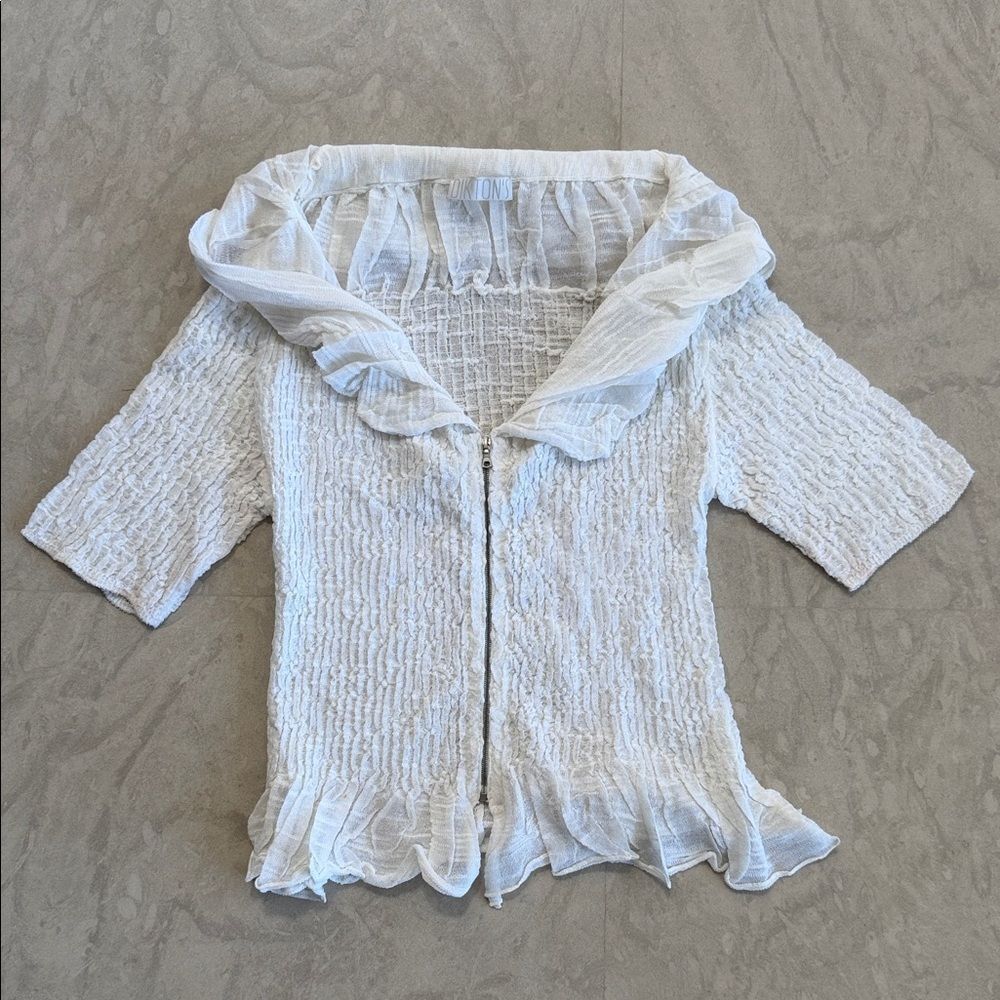 White Ruffled Zip-Up Top
